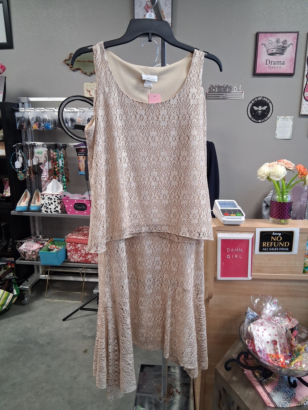 2 Pc dressbarn Beige Lace High-Low Sleeveless Shirt Set NTFNSG
